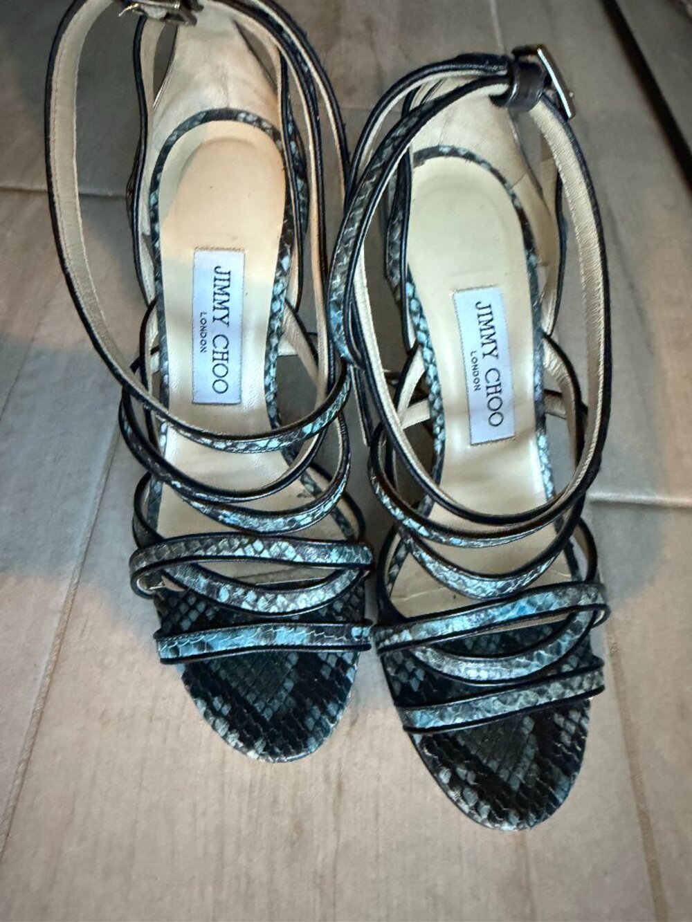 Jimmy Choo Vargo Snake Print Strappy Sandals Heels EU 37 Authentic - Picture 1 of 8